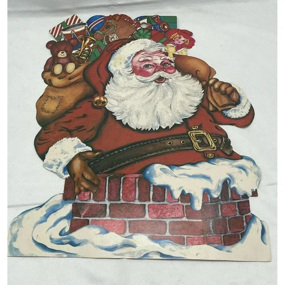 Vtg Die-Cut  Cardboard Wall Decor Christmas Santa  Chimney 13½"x11"